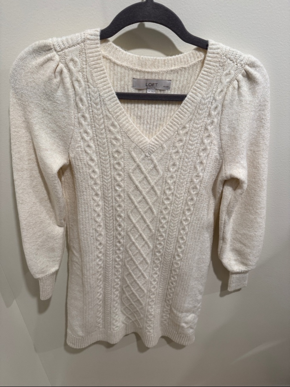 LOFT Cream Cable-Detail V-Neck Sweater with Puff Sleeves